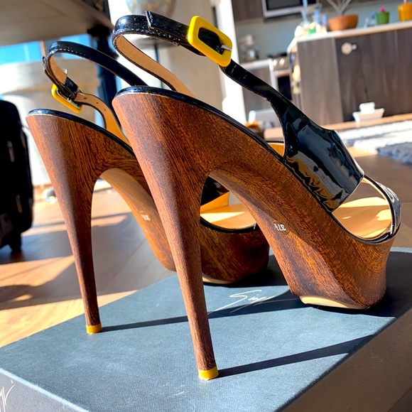 Giuseppe Zanotti Sling Back Vernice Black Patent Leather Wood Sandal Size 37.5 - Picture 5 of 11